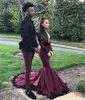 2018 Deep V Neck Burgundy Mermaid Evening Dresses Sweep Train Black Lace Appliques Long Sleeves Open Back Prom Dress Beads Cheap Party Gowns