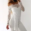 Women Summer Jumpsuit Sexy Off Shoulder Long Sleeve Women Bodysuit Full Length Lace Patchwork Bodycon Rompers Womens Playsuits