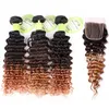 Deep Wave Human Hair Obre Weave 3 Bunds med 44 spetsstängning 1B427 Tre ton mörkbrun honungblond hårförlängning4957898