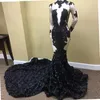 2K18 Black Girl Mermaid Prom Dresses Plus Size Wysokiej szyi Długie Rękawy Appliqued Suknia Wieczorowa Atrakcyjne 3d Rose Floral Party Dresses