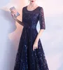 Stunning Dark Navy Mother of the Bride Dresses Shining Sequins Half Sleeves Zipper Back Floor Length Party Gowns