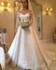 Gorgeous V Neck Lace Long Sleeves Wedding Dresses Off Shoulder Satin A Line Bridal Gowns Sweep Train Wedding Vestidos Custom Made