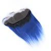 Dark Root #1B/Blue Ombre brasilianische Echthaar-Webart-Bündel, seidiger gerader Doppelschuss mit Ombre-Dunkelblau-Full-Frontal-13x4-Spitzenverschluss