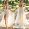 Naama Anat Couture 2019 Vestidos de Noiva Espaguete Laço Backless Vestidos Bridais Coxa Split Country Vestido de Noiva Boêmio Feito