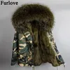 Furlove 패션 여성의 자연 모피 줄 지어 두건이있는 코트 미니 파카 대형 너구리 모피 칼라 outwear 겨울 자켓