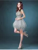 Summer New Banquet Short Poncho Skirt Lace Party Cocktail Dresses Silver Gray Dew Deep V Back School Dance Prom Dresses DH1804