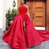 Vestidos de noite vermelho strapless mangas vestidos de baile de volta zipper com apliques de renda lado divisão vestidos feitos sob encomenda novo estilo