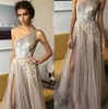 Sexig berta 2019 prom klänningar en axel en linje sequined afton klänning med pärlor golv längd främre delning fest klänning