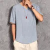 Zaitun Mężczyźni Pościel Koszula V Neck Pull Over Shirts Basic Style Retro Chiński Pościel Koszula Lato Duży Rozmiar Koszule Koszulki Mężczyźni