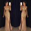 Bling High Split Sheath Evening Dresses Gold Backless Beads Cryatal Arabic Dubai Formal Long Party Prom Dresses Pageant Gown Robe De Soiree