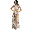 Sommer Folor-Länge Frauen 2 Stück Kleid 2018 Print Floral Crop Top mit langem Kleid Split Durchsichtig Maxi Bohemian Strandkleider Vestido