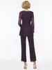 Mother's Dresses Purple Mother Of The Bride Pant Suits For Weddings Two Pieces Lace Appliqued Long Sleeve Mothers Formal Wear Outfit Garment HY363