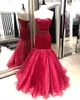 Mermaid/Trumpet Prom Dresses 2k19 Strapless Neckline Navy Blue Red Organza Satin Pageant Dress Custom Made Real Pictures Beaded Belt