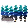 #1B/Blue/Green Ombre Virgin Brazilian Human Hair Bundles with 13x4 Full Lace Frontal Closure Three Tone Colored Human Hair Weaves