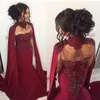 Burgundy Mermaid Prom Klänning Med Avtagbar Hög Neck Långärmad Pärlor Lace Appliques Chifffon Party Dress 2018 Sexiga Saudiarabiska Kvällsklänningar