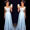 Light Sky Blue Prom Dresses Sheer Neck Cap Sleeves Appliqued Chiffon Floor Length Formal Dresses Modest Evening Gowns Zipper Up