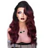 Side Part Long Body Wave Dark Roots Ombre 99J Red Wigs Heat Resistant Hair Synthetic Lace Front Wigs with Baby Hair