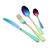 4 pçs / set Utensílios de Cozinha Rainbow Talheres de Aço Inoxidável Faca Jantar Garfo Colher De Chá Xmas Dinnerware Set 4 Cores Acessórios Da Cozinha