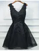 New A-Line Fashion Lace Applique V Black Red Collar Short Homecoming Dresses Party Sleeveless Dresses HY0007