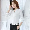 2018 Korea Mode bluse frauen V-ausschnitt hemd sommer Arbeitskleidung Büro damen top Rosa Weiß Langarm Weibliche plus größe bluse