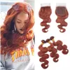 Mörk Auburn Lace Closure med buntar Kroppsvåg Brasilianska Virgin Hårbuntar 3st med 4 * 4 Topplåsning Färg 33 # Mörkbrunt hårväft