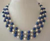 Collier à fermoir en lapis-lazuli, 3 rangées de vraies perles blanches