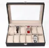 12 rutnät Fashion Watch Storage Box Pu Leather Black Watch Case Organizer Box Holder For Jewelry Display Collection257D