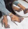 Femme sandales Transparent talon haut bride à la cheville fausse fourrure mariage pompe mode fête chaussures sapato feminino