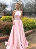 Modern Pink Halter Prom Dresses Beaded Neck Satin Floor Length Backless Graduation Homecoming Dresses Formal Evening Dresses HY4092