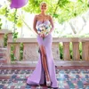 Graceful Lavender Satin Spaghetti Straps Neckline Floor-length Mermaid Bridesmaid Dresses With Charming Belt Slit Sheath Prom Part2887