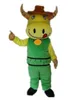 2018 Costume de mascotte de bétail jaune chaud de haute qualité, portez un costume vert avec une petite cloche à vendre