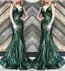 Djup V-Neck Long Prom Klänning Sparkling Sequined Mermaid Sweep Train Party Dress Sexig Wemen Formell Klänning Evening Kake Billiga Aftonklänningar