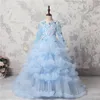 Ice Blue Butterfly Aplikacje Dziewczyny Korowody Suknie Sheer Długie Rękawy Lace Up Powrót Kwiat Dziewczyna Suknie Dla Wedding Tulle Wielopięciowy Bal Ball Suknia