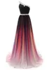 2021 Sexy One-Ramię Długiego Gradientu Prom Dresses Szyfonowa linia Zroszony Plus Size Długość podłogi Ombre Formalna Suknia Party QC1246
