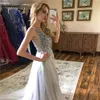 New Design V-Neck Beads Bodice A-Line Backless High Slit Sexy Evening Gown vestido de festa longo Prom Dresses Long