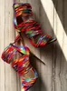 Prawdziwe zdjęcie Kolorowe Strappy Zakryte Heel Kobiety Rainbow Skórzane Sandały Wysokiej Obcas Peep Toe Cross Pasek Sandały Dla Kobiety