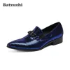 Italienska Luxury Mens Skor Poined Toe Blå Läder Klänning Skor Män Mode Designer Flats Oxfords Zapatos Hombre, US6-12