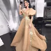 Robes de bal champagne foncé Arabie saoudite poète manches courtes robes de soirée avec appliques col en V une ligne robe de soirée femmes vêtements de cérémonie