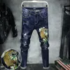 Fashion Male Casual Boutique Embroidery Stovepipe Pencil Jeans / Men's Tight-fitting Embroidered Flower Denim Pants Trousers