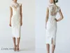 Free Shipping White Lace Knee Length Wedding Dress Wedding Sheath Column High Neck Pencil Dress Bridal Gowns