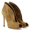 Bästsäljande kvinnor stiletto v-shaped ankel booties peep toe suede vårhöst dam höga klackar glid-on date pumpar skor