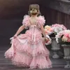 Blozen roze bloem meisje jurken voor bruiloften ruche schattige kleine meisjes pageant jurk spaghetti riem tule eerste heilige communie jurken