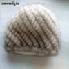 المنك بيني كاب مع فوكس الفراء pompoms للنساء الإناث كاب الشتاء محبوك حقيقي الفراء قبعة المرأة قبعة spble ms.minshu