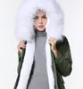 Female snow coats White raccoon fur trim white rabbit fur lining army green canvas long Germany flag Embroidery parkas