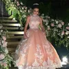 매력적인 맞춤형 Quinceanera 드레스 달콤한 16 드레스 높은 목 보시기 레이스 아플리케 슬리브 푹신한 얇은 명주 그물 공식 파티 파티 가운