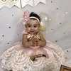 Adorável bebê criança vestido de aniversário jóias pescoço arcos rendas Applique Tulle tornozelo comprimento flor meninas vestido Sparkly lantejoulas primeira comunhão vestidos