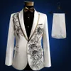 Fashion High-grade Applique Men's Suits Sparkly Sequins White Crystals Blazers Pants Set Prom Party Host Singer Costume Weddi283t