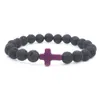 Lava Rock Cruz Charme Pulseira dos homens Preto Natural Vulcânica Cura Energia Pedra Yoga Beads Bangle Para as mulheres Moda Jóias