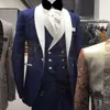 (Jacket + Pants + Vest + Tie) Stattliche neue Ankunfts-Spitze Revers Marineblau Bräutigam Smoking Groomsmen Bester Mann-Klage der Männer Hochzeitsanzüge Bräutigam A A A