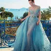 Fascinating Light-Blue Evening Dress With Overskirt Crystal Lace Applique Jewel Neck Short Sleeve Evening Gown Sexy See Through Prom Dresses